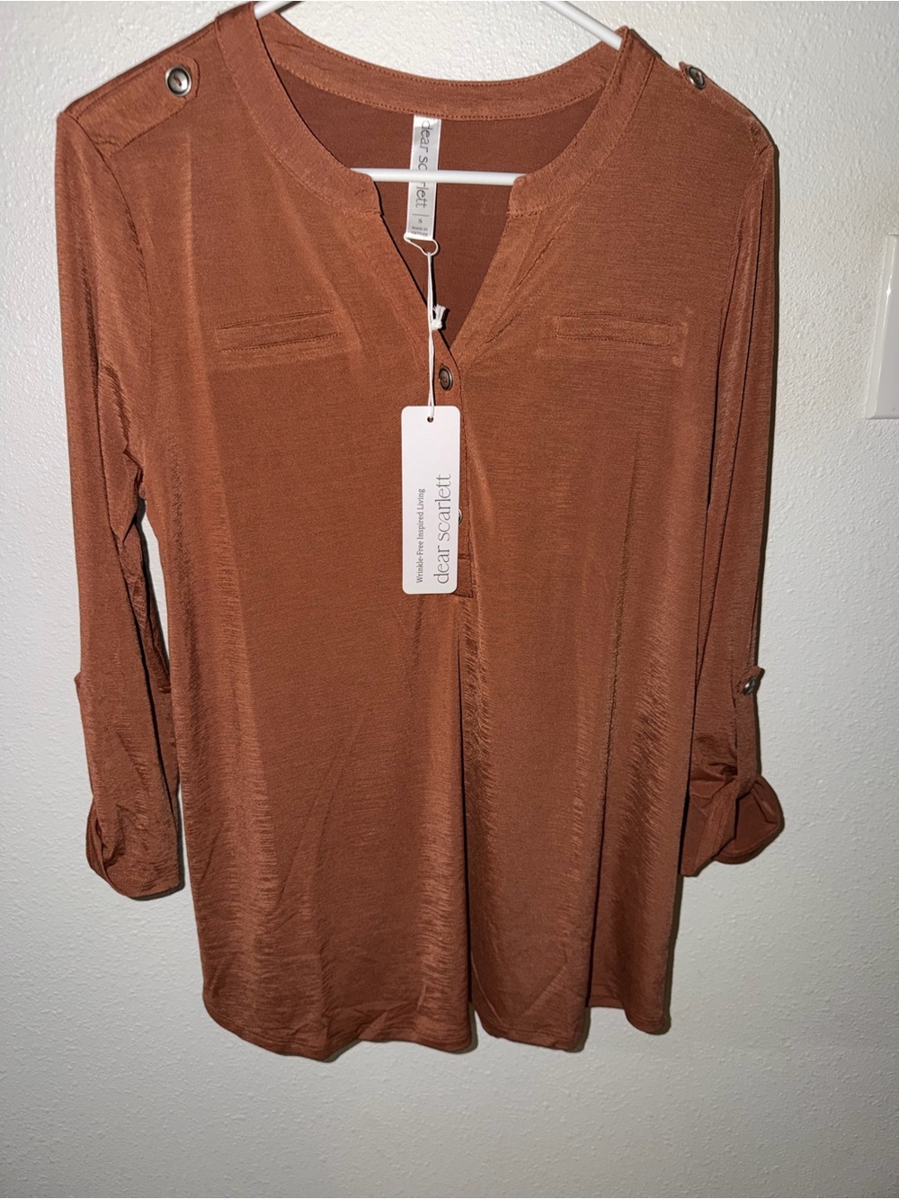 Button-Front Rust Long Sleeve Henley Tunic Top V-Neck NWT - Picture 6 of 10